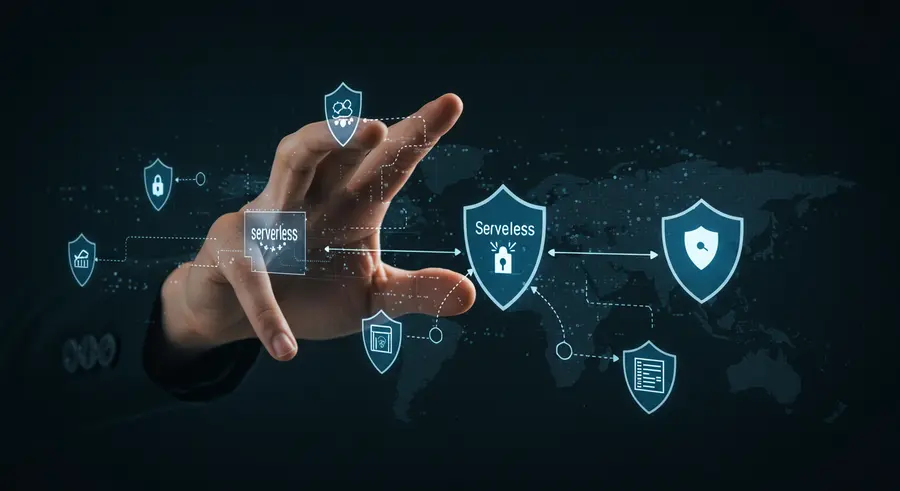 Conceptual image of serverless security with function icons and shields